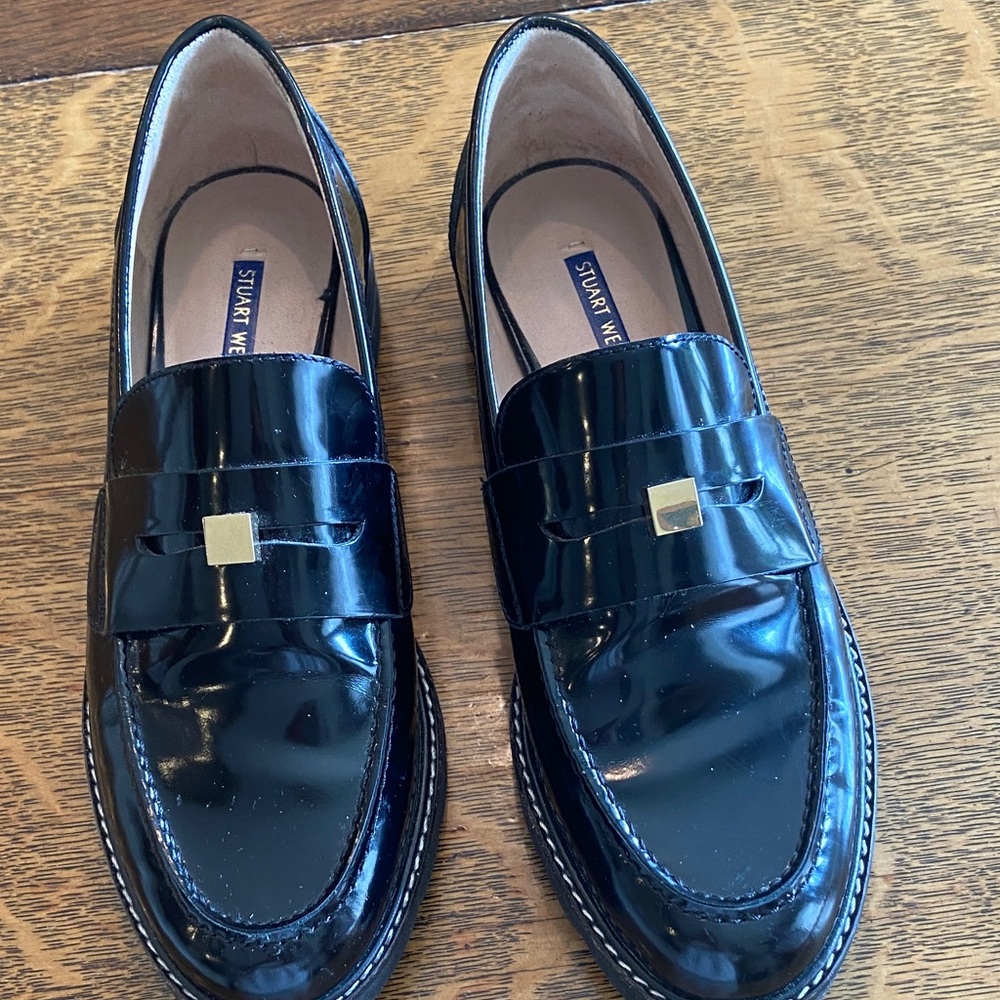 Stuart Weitzman Black Patent Leather Slip-On Loafers with Gold Accent